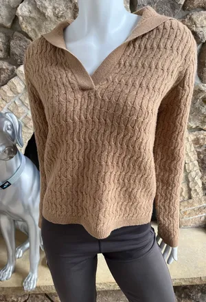 Theory V-Neck Dimensional Polo Wool Cashmere Brown Sweater Women's Size Small thumbnail 1