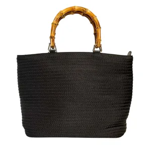 Gucci Vintage Bamboo Top-Handle Black Tiered Nylon Leather Trim Shopper Tote Bag thumbnail 1