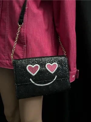 Betsey Johnson Black Glitter Heart-Eyes Crossbody Bag Striped Inside thumbnail 2