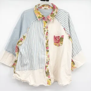 POL Womens Mixed Patchwork Floral Striped Boho‎ Oversized Button Up Shirt Size L thumbnail 2
