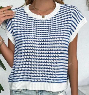 SheIn Knit Mix Striped Round Neck Loose Knit Top thumbnail 3