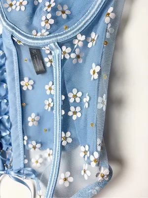 Lace Fairycore Romantic Corset Bustier Cami Top Size Small Blue Daisy Floral thumbnail 4
