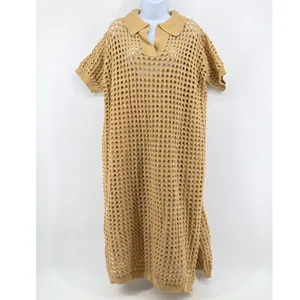NWT Dressed In Lala Open Knit Polo Midi Dress Large Taupe Tan Crochet Cover Up thumbnail 3