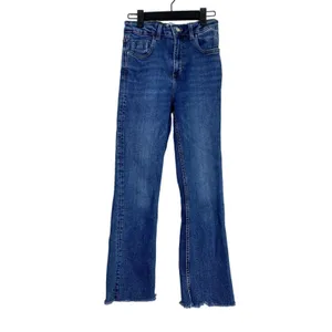 ZARA Flared High Rise Straight Leg Raw Hem Broken In Jean Zip 2 Dark Blue Wash thumbnail 2