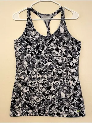 Women's Nike Dri-Fit‎ Black/White Geometric Pattern Racerback Tank Top Sz Medium thumbnail 1