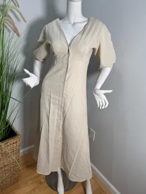 Commence Cotton & Linen Button-Front Knotted Long Dress size XS thumbnail 6