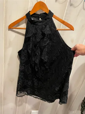 Cute Y2K lace ruffle high neck sleeveless top lined AB Studio whimsigoth tuxedo thumbnail 6