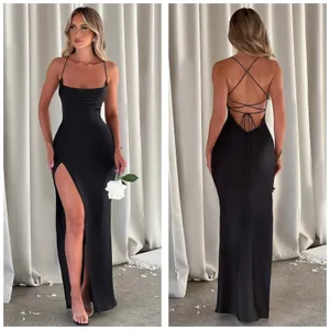 Babyboo Misha Maxi Dress Size Small Black Satin Formal Lace Up Back Wedding thumbnail 2