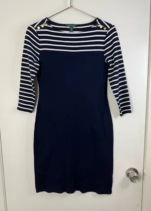 Lauren Ralph Lauren you white and navy blue 100% cotton striped dress. M thumbnail 1