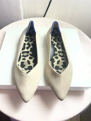 Rothy's Beige Pointed Knit Flats with Royal Blue Piping thumbnail 2