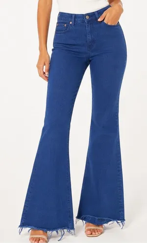ZARA Women’s Cobalt Blue Flare Jeans Size 10 Raw Hem High Rise Pants thumbnail 1