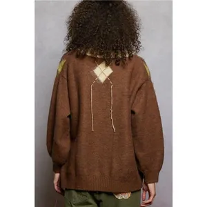 POL V-Neck Argyle Pattern Mohair Sweater with‎ Contrast Exposed Stitch Detail thumbnail 5