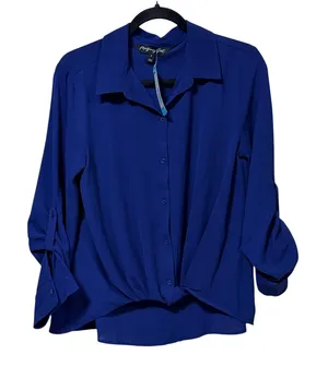 Montgomery Post Womens Royal Blue Twist Front Roll Tab Sleeve Blouse‎ Small thumbnail 1