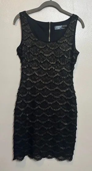 Guess Women’s Dress Fringe Scallop Sleeveless Lined Black Gold‎ Size 4 thumbnail 1