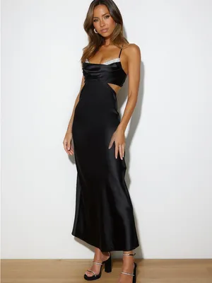 Hello Molly Black Satin Spaghetti-Strap Cutout Maxi Dress with Silver Trim SZ 4 thumbnail 2