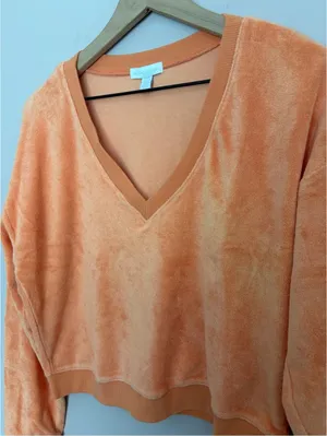 Beyond Yoga Tropez Orange V Neck Terry Pullover Small thumbnail 5