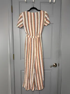 Show Me Your MuMu Striped Tie-Front Jumpsuit in Cream, Rust, Blue, Olive thumbnail 3
