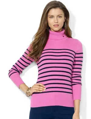 ✨Ralph Lauren Pink Striped Ribbed Turtleneck Sz Medium Sweater✨ thumbnail 1