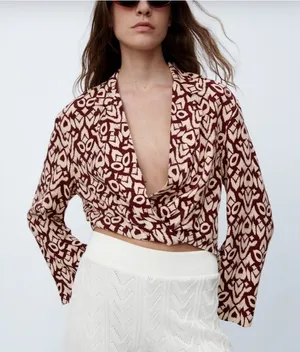 Zara Printed Long Sleeve Wrap Blouse in‎ Red Cream Size Small thumbnail 1