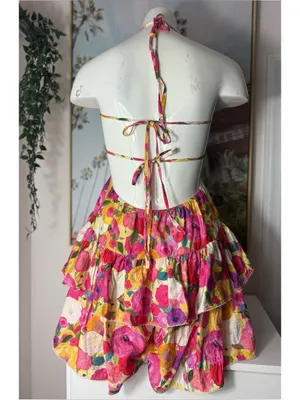 Luxxel Pink Yellow Floral Tiered Ruffle Romper Open Back Lace Up Size Medium thumbnail 8