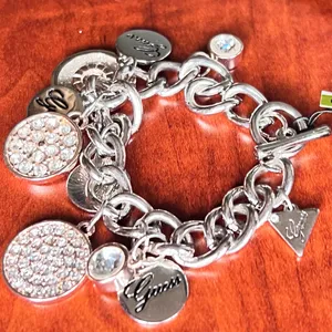 Guess Y2K Charm Link Bracelet Silver Rose Gold Crystal Logo Dangle Modern Glam‎ thumbnail 5