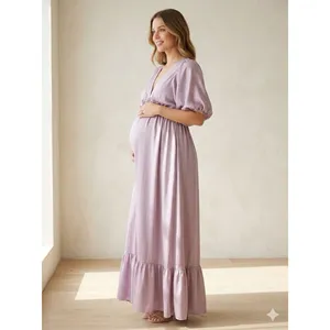Vanilla Bay maternity long lilac V-neck pleated dress, size S thumbnail 2