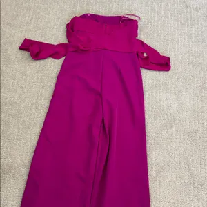 Milly Brooke Strapless silk Magenta Sash Waist Wide Leg Italian Cady Jumpsuit thumbnail 6