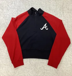 Atlanta Braves MLB Women Quarter Zip‎ Cropped Sweatshirt Navy Red Campus Life thumbnail 1