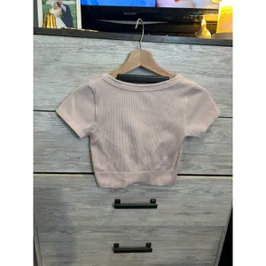 Garage Women Pink Ribbed V-Neck Short Sleeve Crop Top P/S thumbnail 3