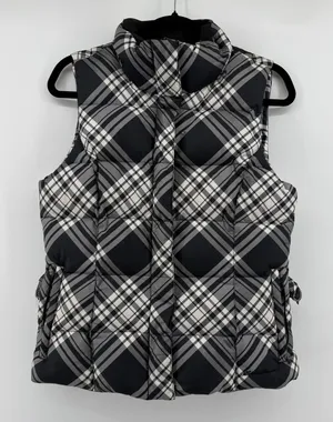 Eddie Bauer Womens‎ Goose Down Puffer Vest Black White Plaid Check Small thumbnail 1