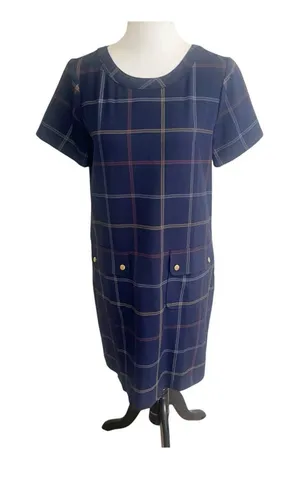 J. Crew Plaid Shift Dress Plaid Pocket Dress Short Sleeve Navy Sz 8 Preppy thumbnail 1
