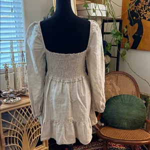 Aritzia Wilfred Tempest Natural Oatmeal Organic Linen Smocked Boho Mini Dress thumbnail 2