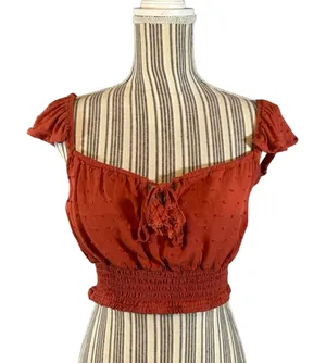 Live To Be Spoiled Rust Ruffled Tassel Tie Front Boho Crop Top Women Sz XL thumbnail 1