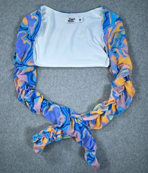 Tiger Mist Graffiti Bolero Ruched Long Sleeve Sz Medium Blue Orange Purple Mesh thumbnail 1