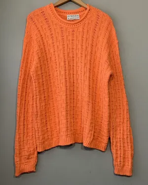 Vintage 80s Cotton Sweater Size Large Orange Roll Neck Hem Fisherman Dopamine thumbnail 1