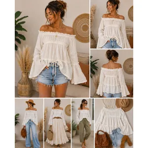Free People Peasant Top S Ivory Cotton Gauze Off Shoulder Bell Sleeve Boho thumbnail 2