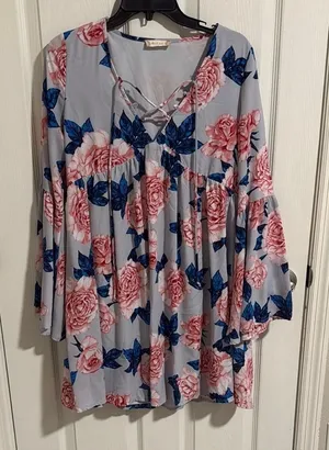 Altar'd State Blue and Pink Floral Long Sleeve Dress thumbnail 1