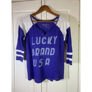 Y2K Lucky Brand Shirt Womens XS‎ Colorblock Purple Sporty 3/4 Sleeve READ thumbnail 3