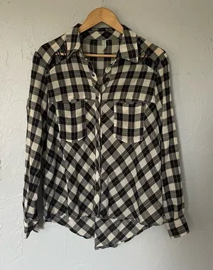 Free People Black White Checkered Gauzy Flannel Button up Top with Cutouts XS‎ thumbnail 1