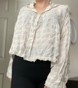 Free People Striped Hooded Flowy Button Down Shirt Sz Medium Raw Hem Neutral‎ thumbnail 1