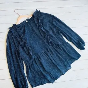 H&M Blue White‎ Printed Ruffled Long Sleeve Blouse Size 14 thumbnail 4