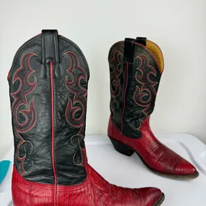 Vtg Nocona Red Black Lizard Leather Westerm Cowgirl Boots Sz 7B thumbnail 6