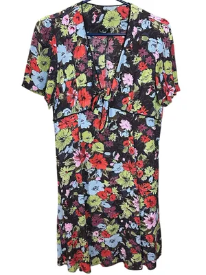 Loco Lindo Retro Botanical Print Dress w/ V-neck, Empire Waist, Short Sleeves thumbnail 2
