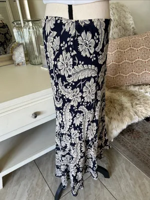 Ralph Lauren Vtg navy beige boho western country floral pull on midi skirt 10 L thumbnail 8
