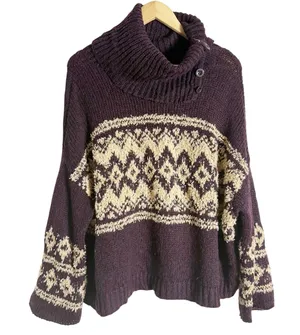 Free People Brown Fair Isle Split Turtleneck Wool Knit Winter Sweater M thumbnail 3