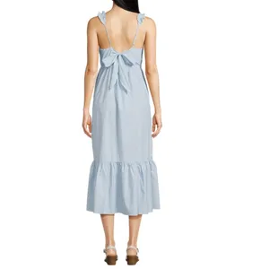 Time and Tru Womens Midi Dress Sz M Blue Ash Stripe Ruffle Strap Tie Back Flowy thumbnail 3