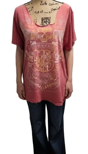 Lost Angels T-shirt Womens Large Faded Red Rust Distressed Graphic Skull Wings‎ thumbnail 1