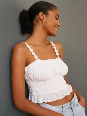 Anthropologie Maeve Strappy Daisy Crop Tank Off White Smocked Cotton Top Size S thumbnail 1