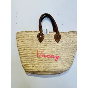 POOLSIDE Woven Straw Open Tote Pink “VACAY” Text Leather Handle Tote Purse thumbnail 4