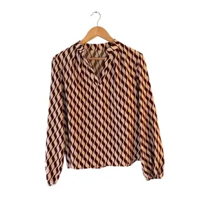 Brown Cream Abstract Wave Print Blouse Long Sleeve Retro Boho Statement thumbnail 2
